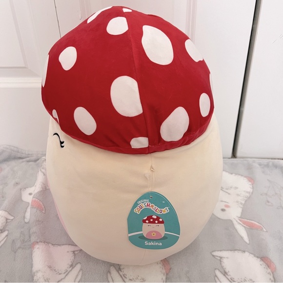 14” Sakina the Red Mushroom Squishmallow with Yellow Floral Flower on Belly - Picture 2 of 4